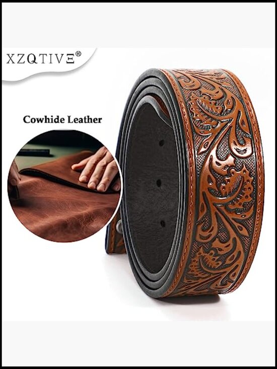 Genuine Leather Western Belt with Silver Diamond Buckle
